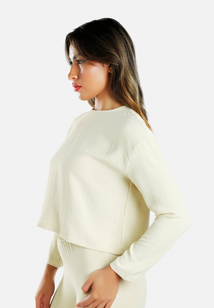 women full sleeves top & fitted full pants coord set#color_cream