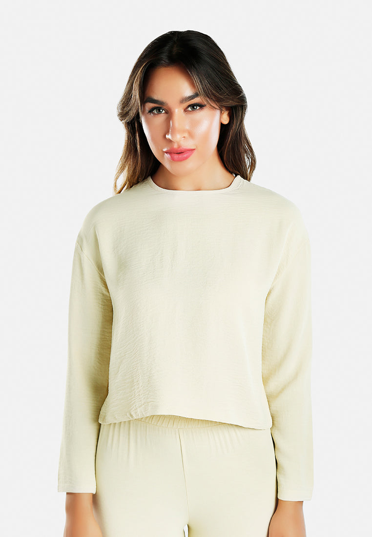 women full sleeves top & fitted full pants coord set#color_cream