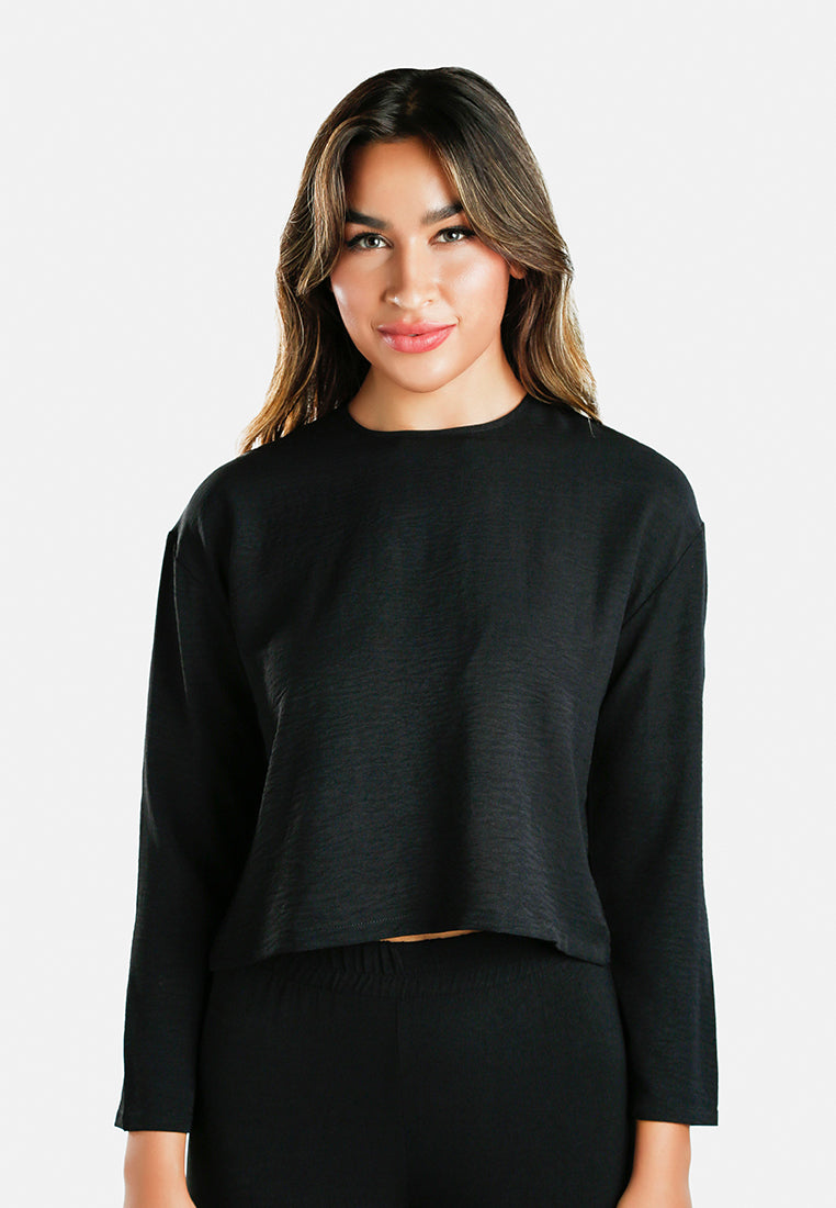 women full sleeves top & fitted full pants coord set#color_black