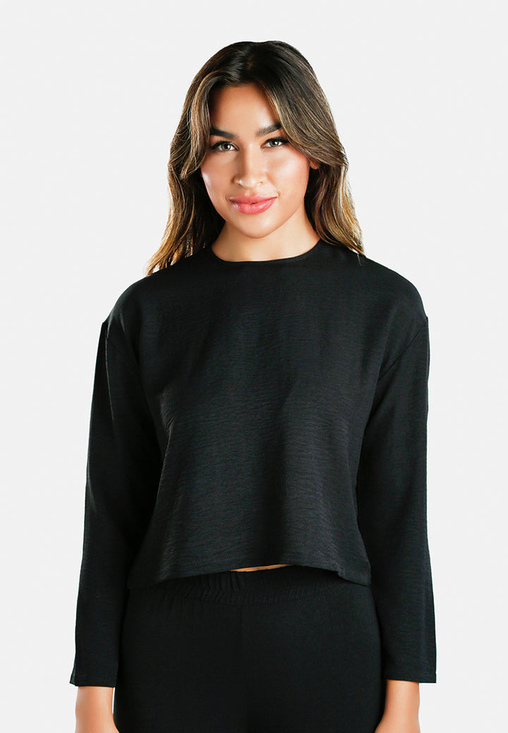 women full sleeves top & fitted full pants coord set#color_black