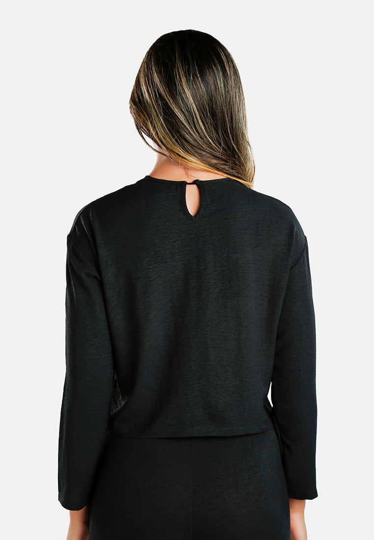 women full sleeves top & fitted full pants coord set#color_black