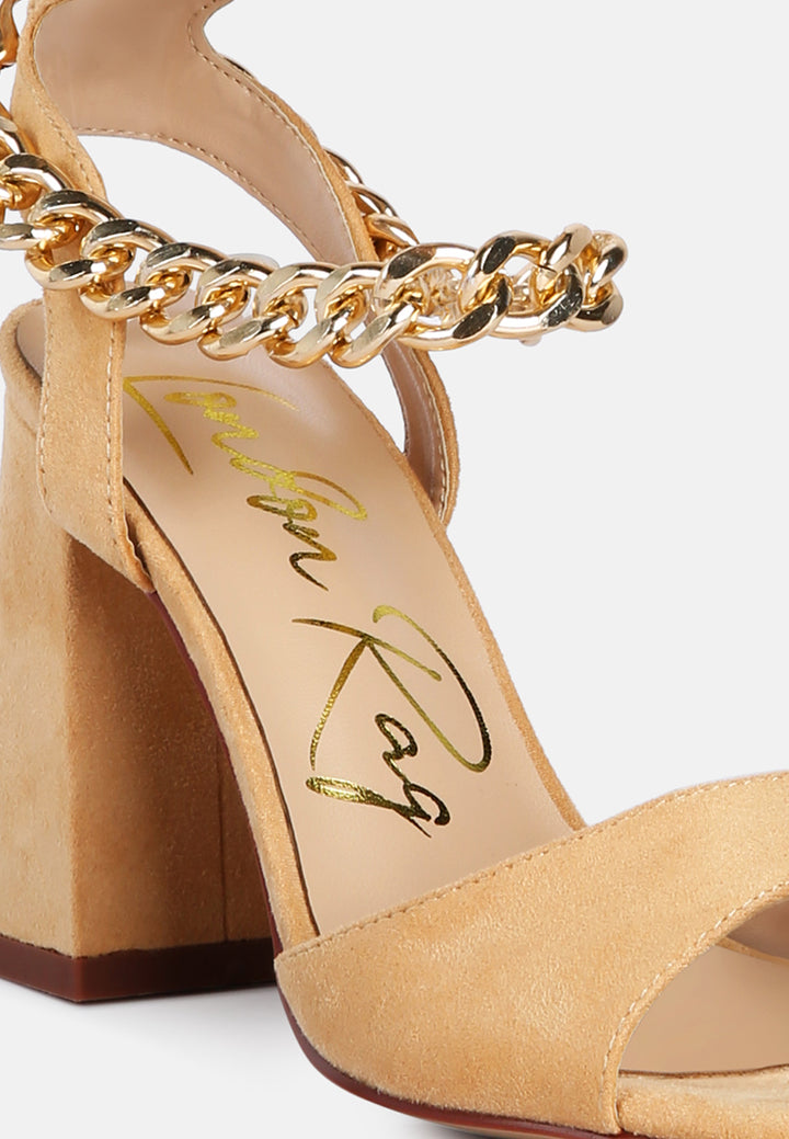women chain detail tie up block heels#color_beige