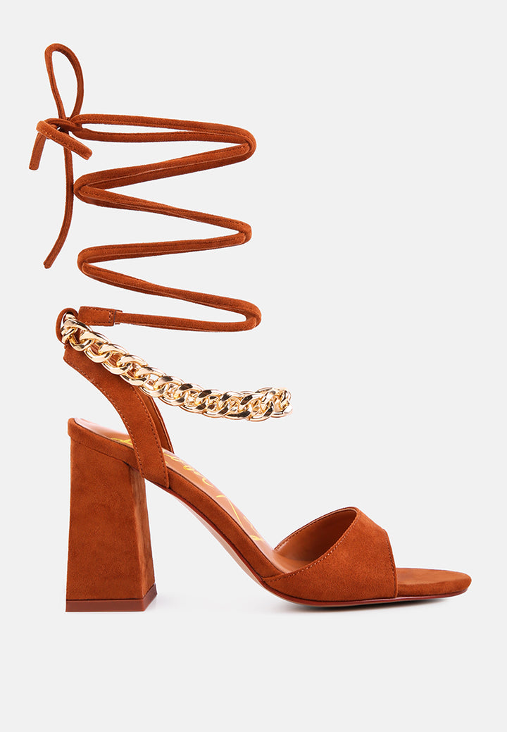 women chain detail tie up block heels#color_tan