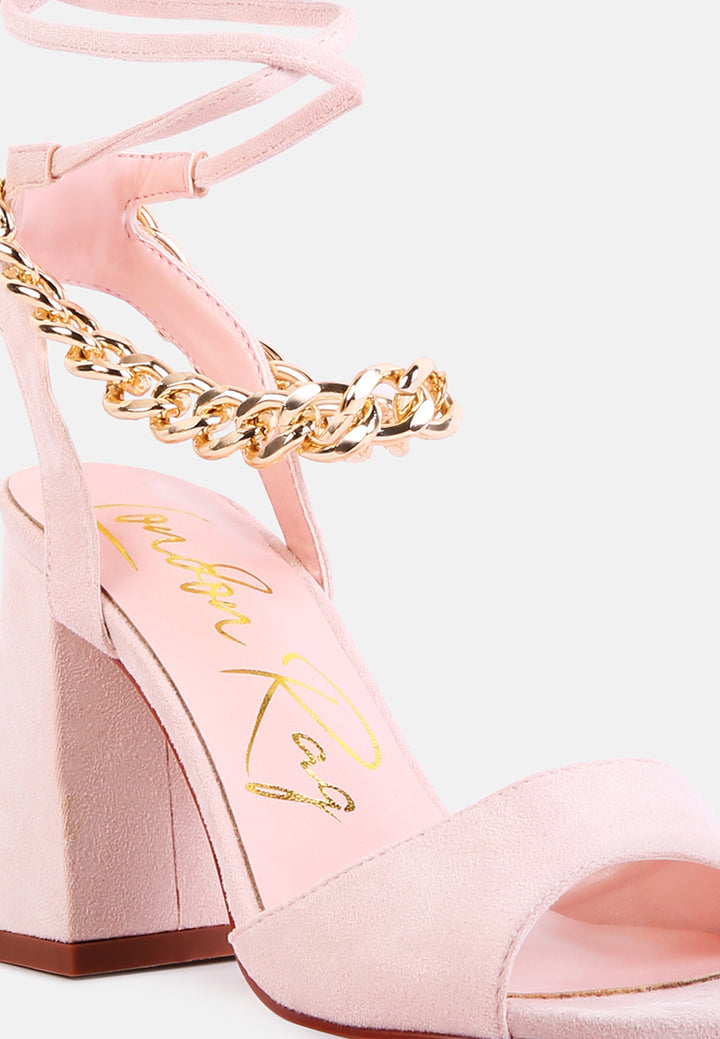 women chain detail tie up block heels#color_white