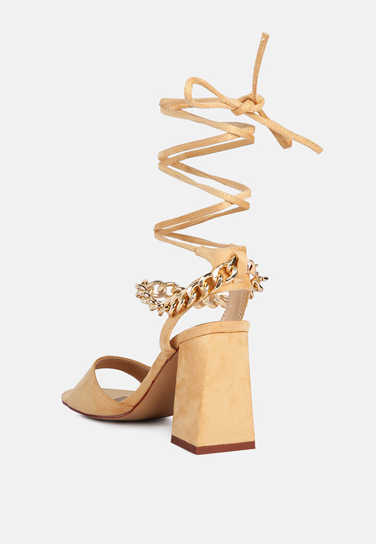 gone gurl chain embellishment tie up block heel sandals#color_latte