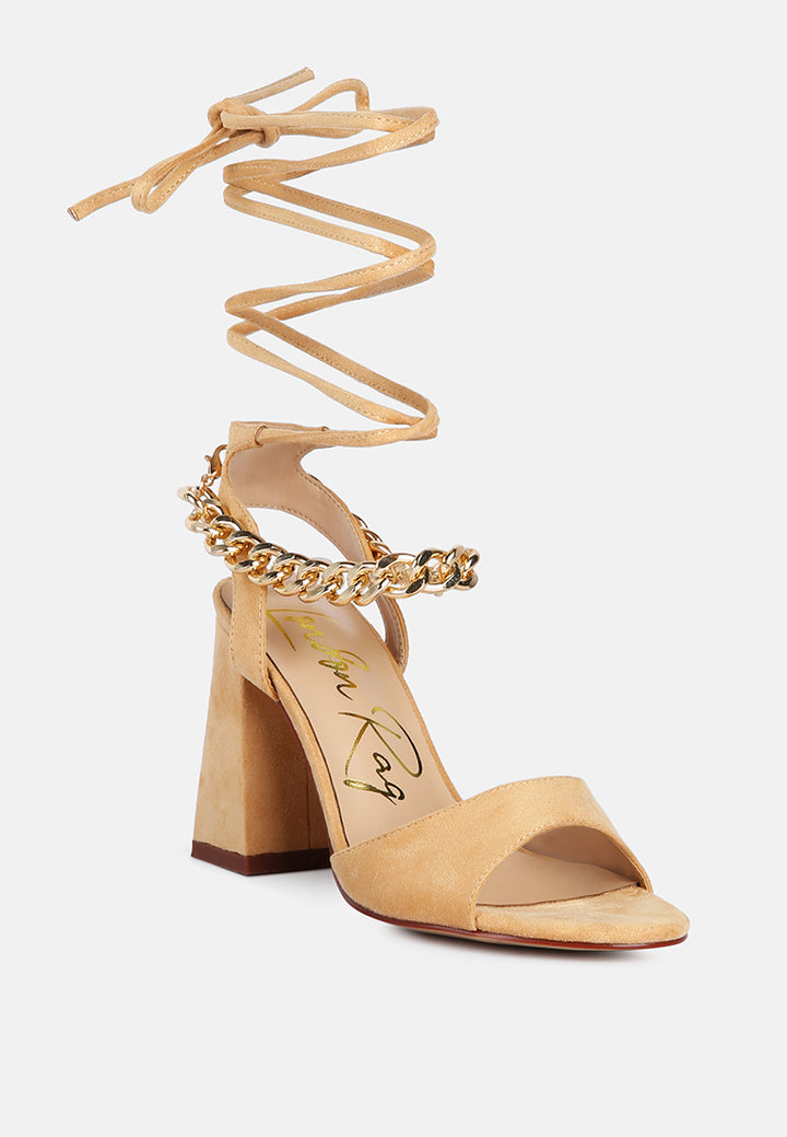 gone gurl chain embellishment tie up block heel sandals#color_latte