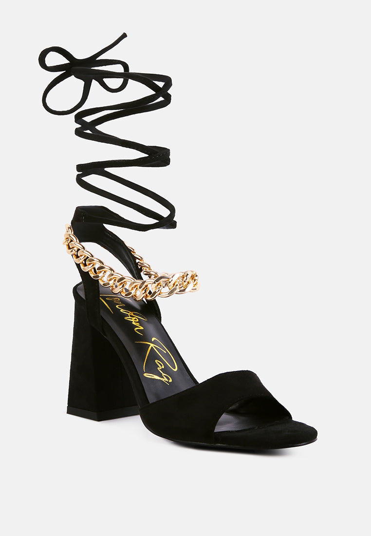 gone gurl chain embellishment tie up block heel sandals#color_black