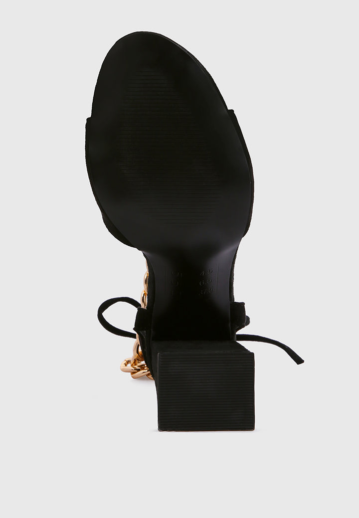 gone gurl chain embellishment tie up block heel sandals#color_black