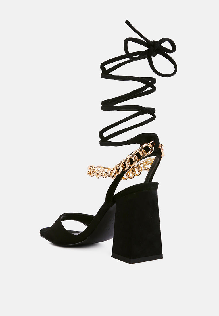 gone gurl chain embellishment tie up block heel sandals#color_black