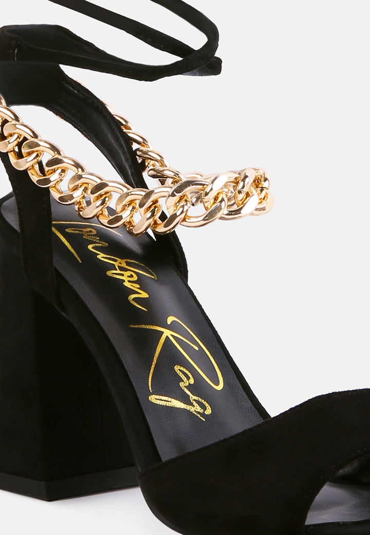 women chain detail tie up block heels#color_black