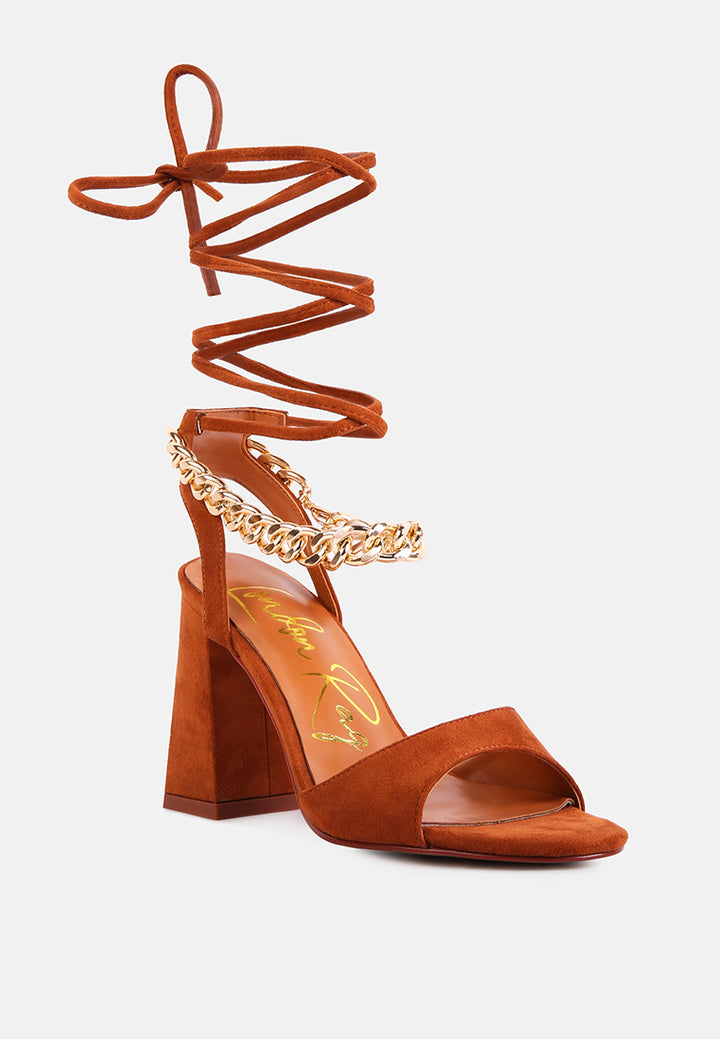 gone gurl chain embellishment tie up block heel sandals#color_mocca