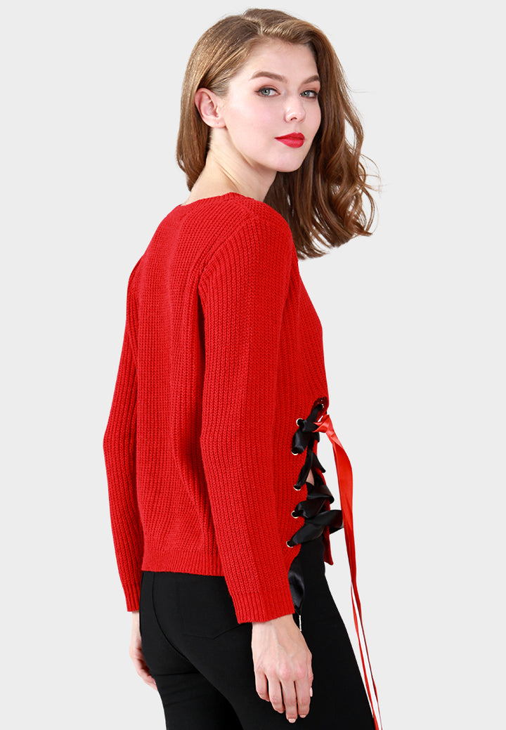 women long sleeve sweater draw string detail#color_red