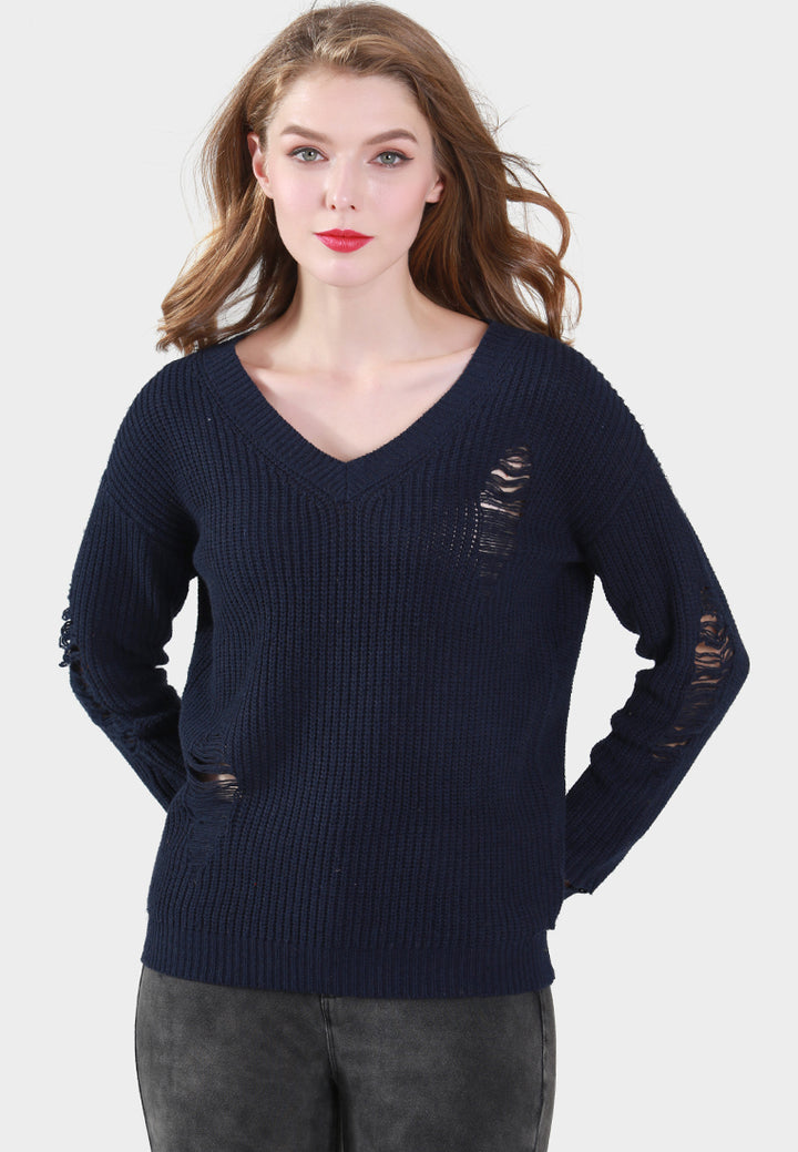 women full sleeve ribbed knit sweater#_color_navy