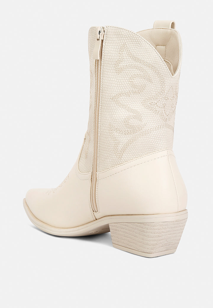 women patchwork detail low heel cowboy boots#color_beige