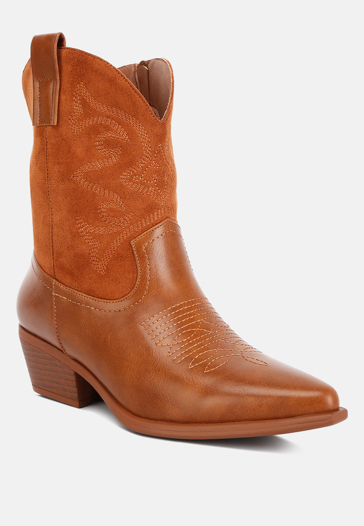women patchwork detail low heel cowboy boots#color_tan