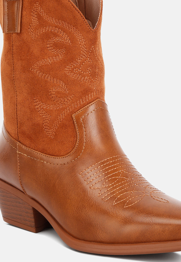women patchwork detail low heel cowboy boots#color_tan