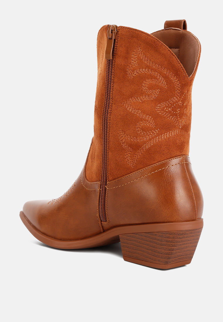 women patchwork detail low heel cowboy boots#color_tan