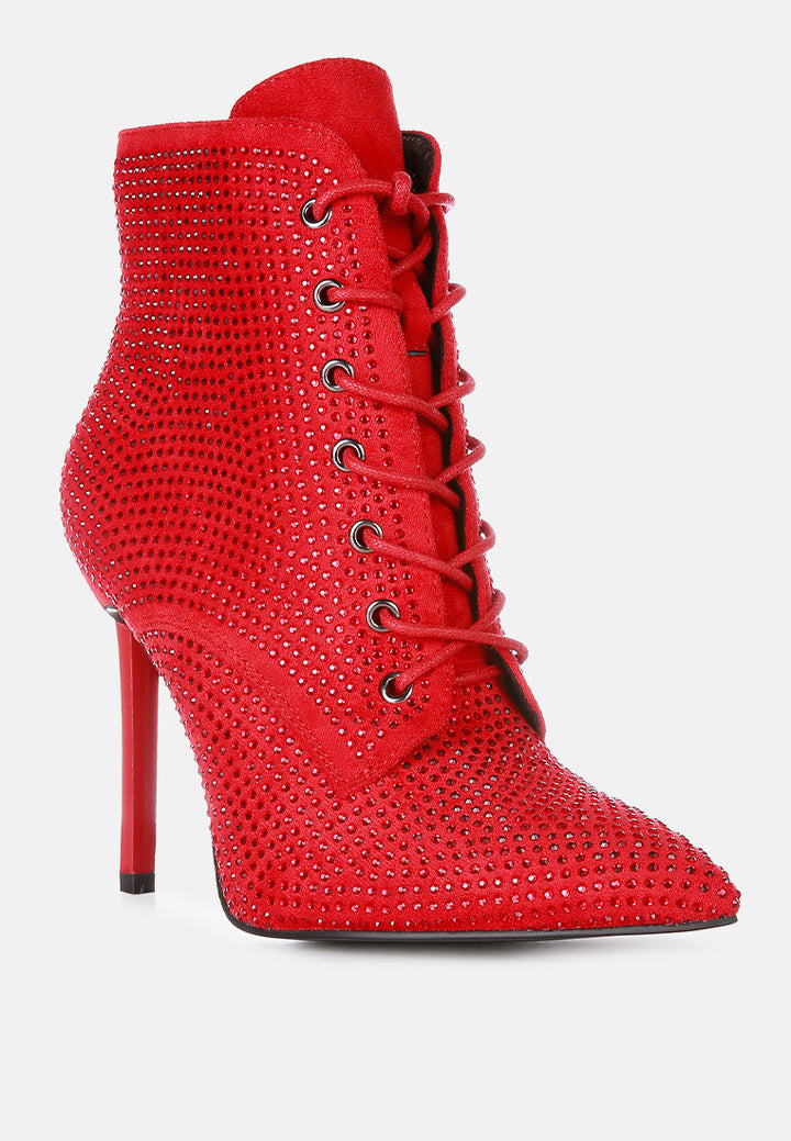women head on faux suede diamante ankle boots#color_red