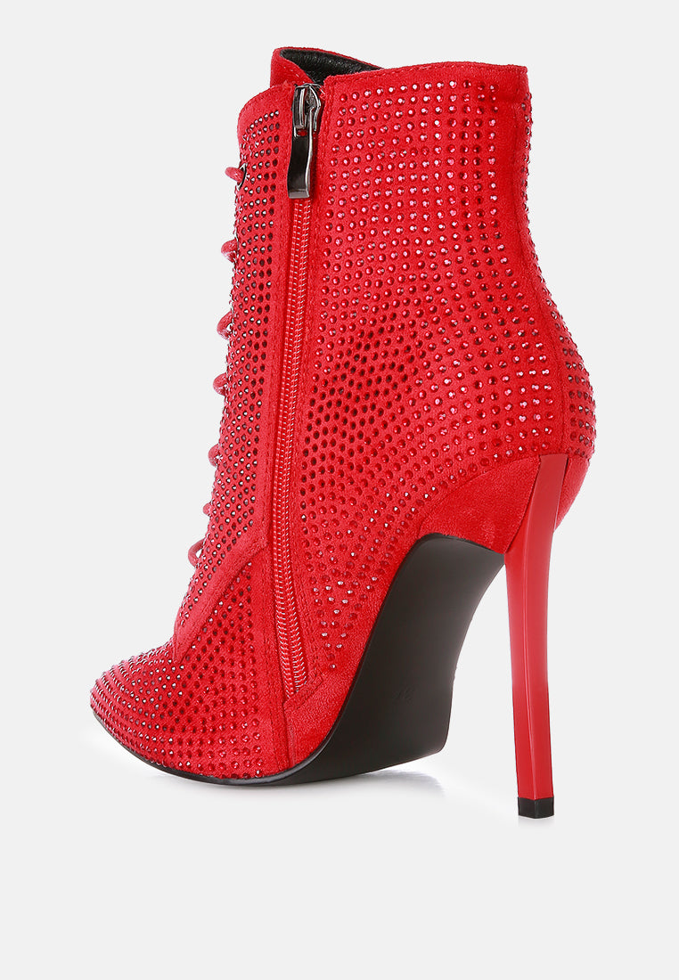 women head on faux suede diamante ankle boots#color_red