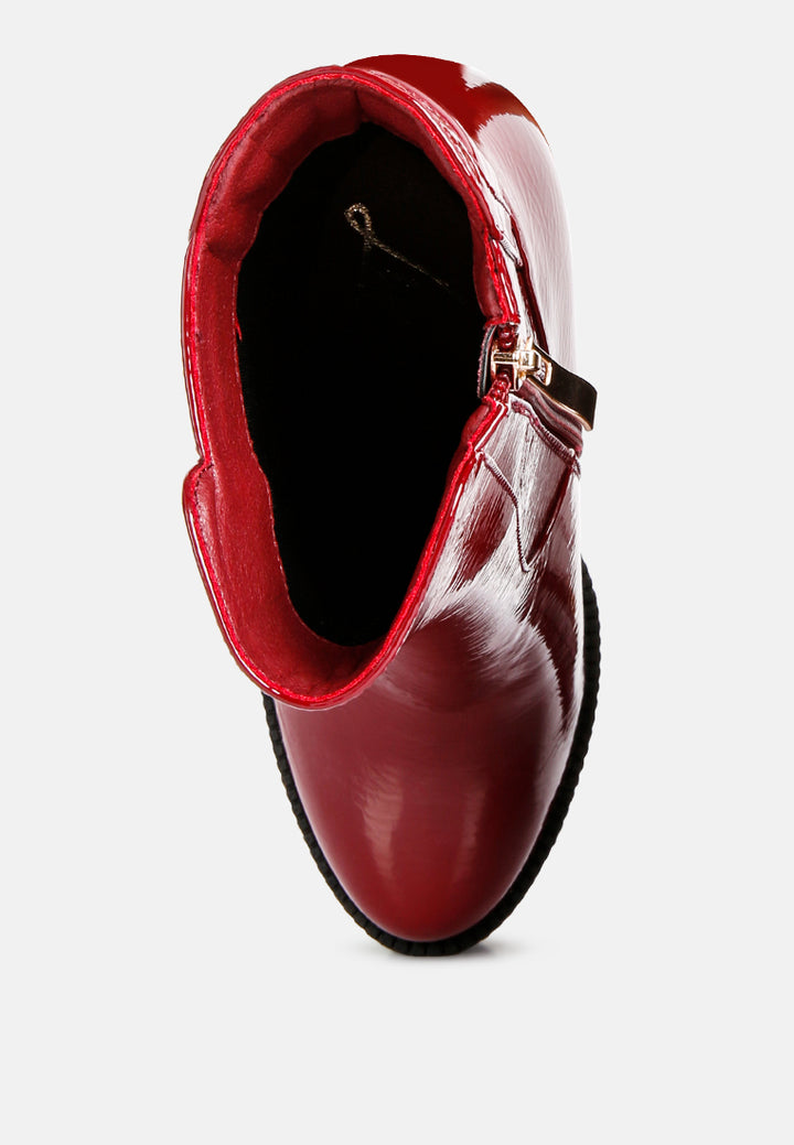 women collared patent high heeled ankle boot#color_burgundy