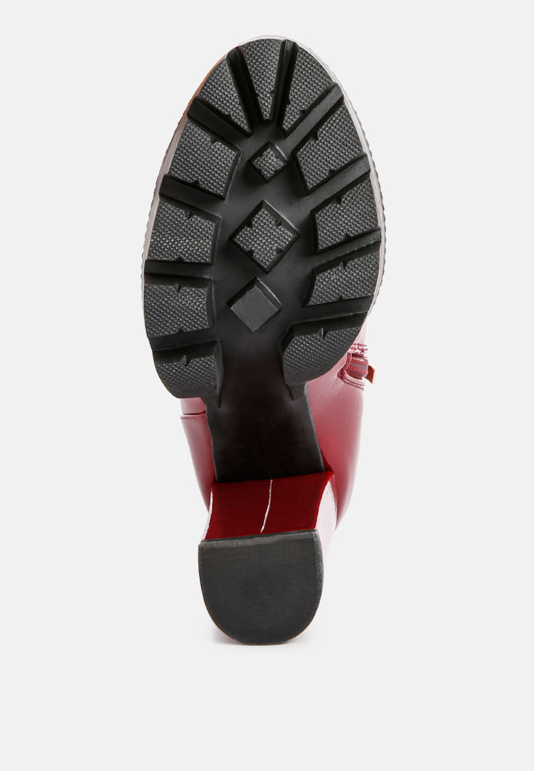 women collared patent high heeled ankle boot#color_burgundy