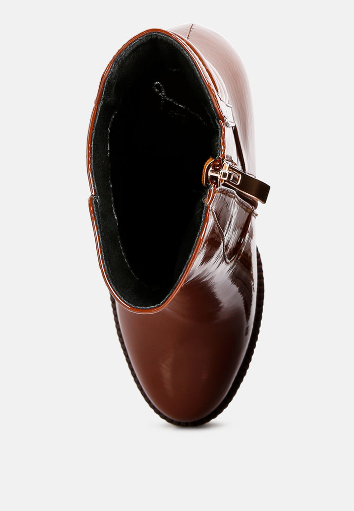 women collared patent high heeled ankle boot#color_tan