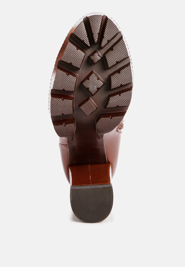 women collared patent high heeled ankle boot#color_tan