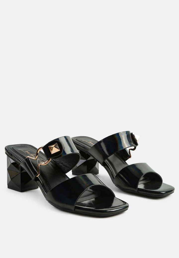 women hookup geometric cut block heel slides#color_black