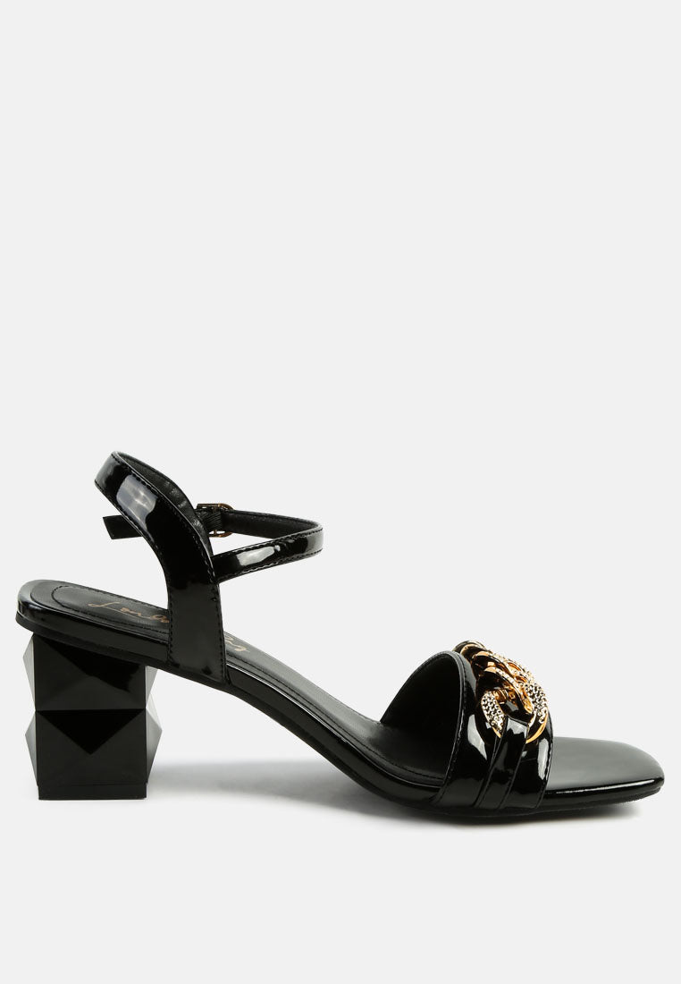 women geometric cut diamante chain sandal#color_black