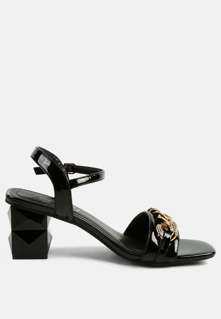 women geometric cut diamante chain sandal#color_black