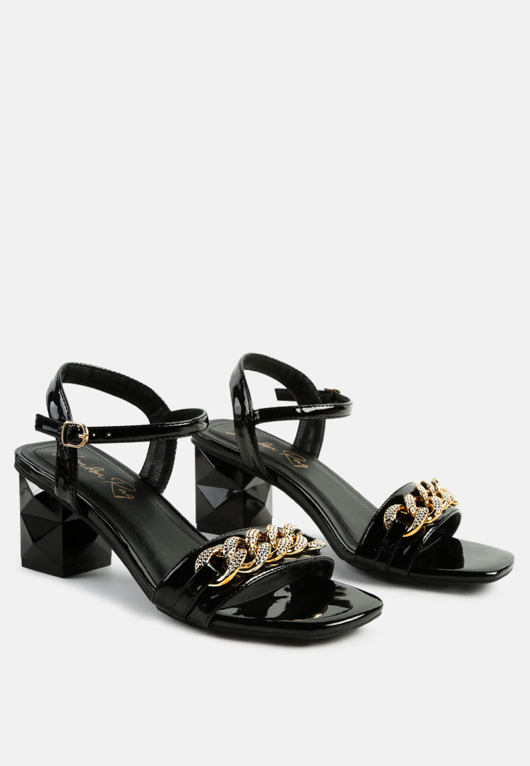 women geometric cut diamante chain sandal#color_black