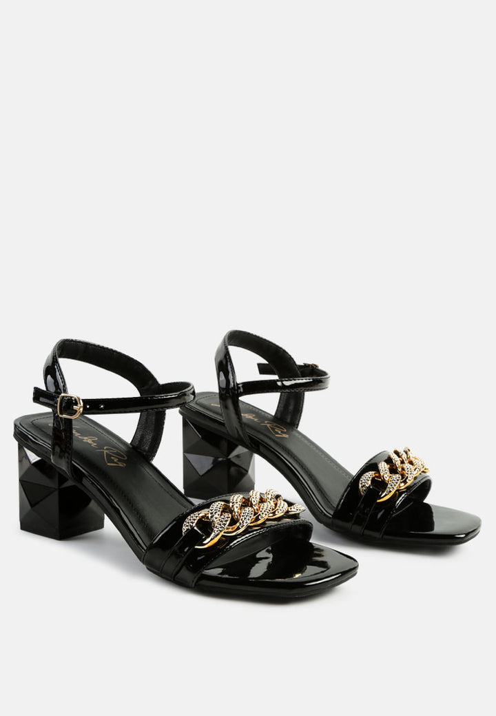 women geometric cut diamante chain sandal#color_black