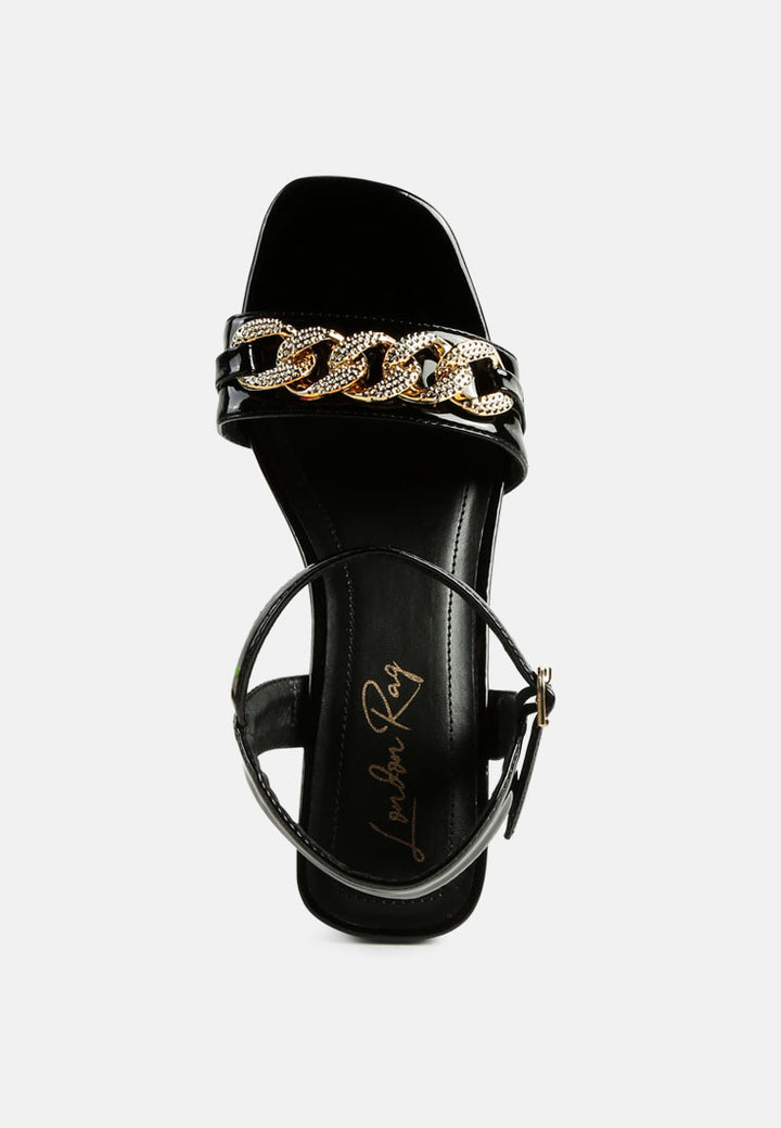 women geometric cut diamante chain sandal#color_black