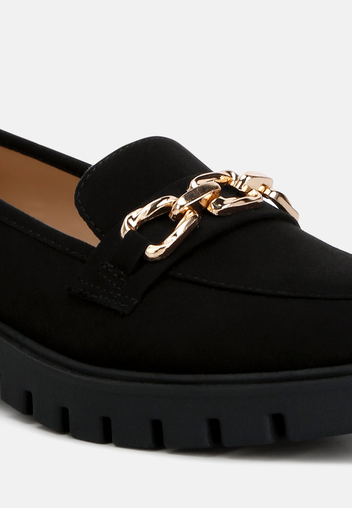 Women Micro Suede Metal Chain Link Loafers