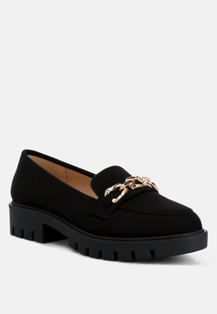 Women Micro Suede Metal Chain Link Loafers