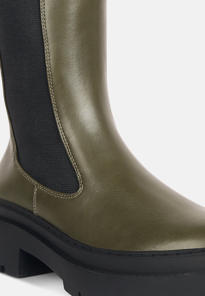 women elasticated gussets lug sole boots#color_olive