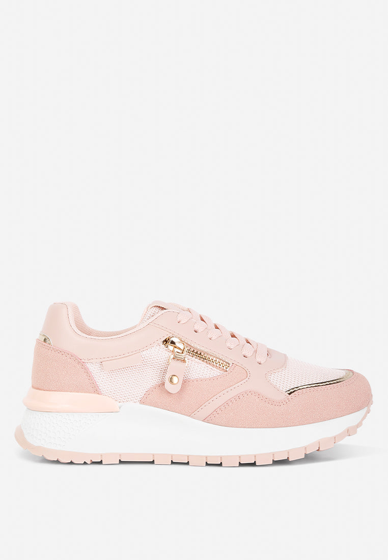 chain detailing lace up sneakers#color_pink