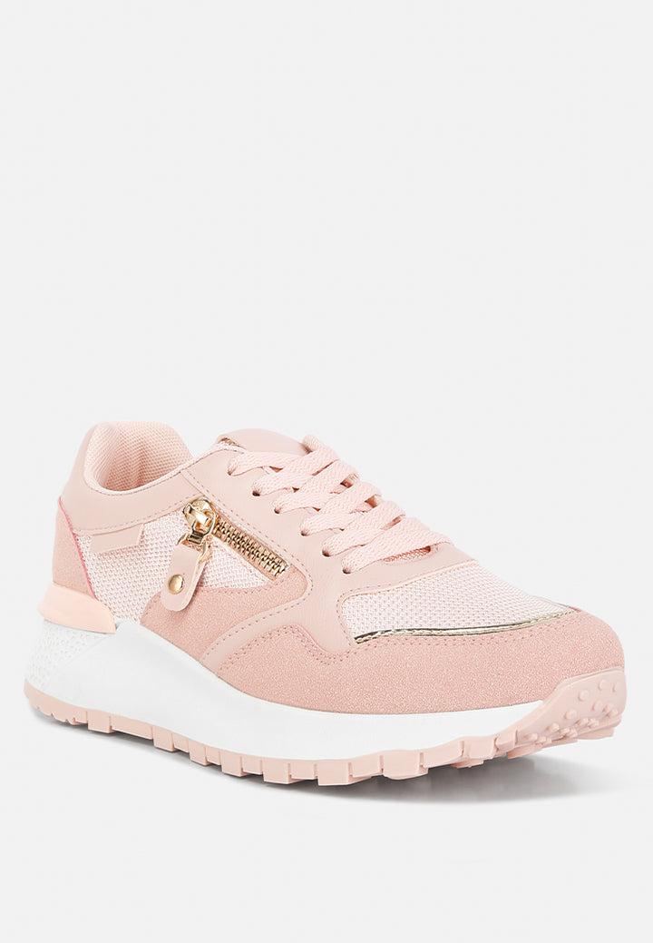 chain detailing lace up sneakers#color_pink
