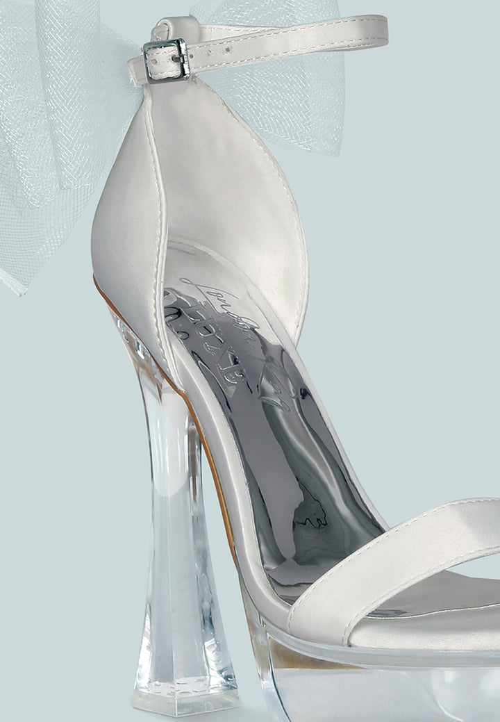 satin clear high heeled bow sandals#color_white