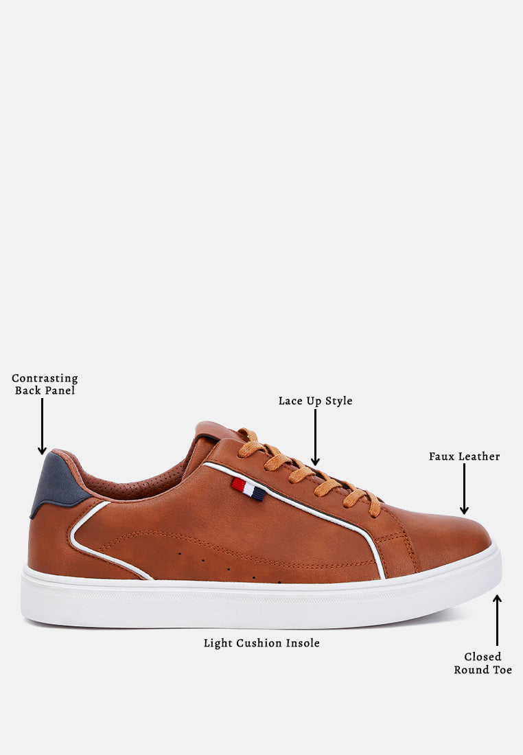 men faux leather low top lace-up sneakers#color_tan