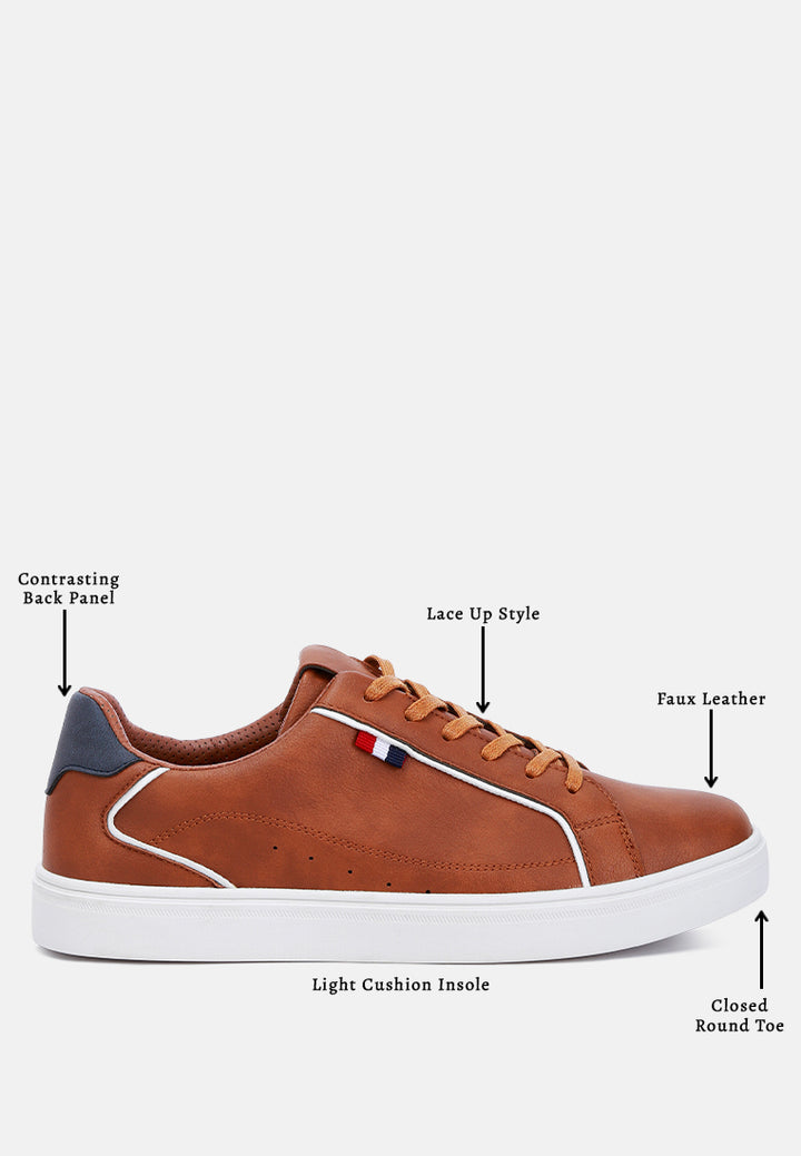 men faux leather low top lace-up sneakers#color_tan