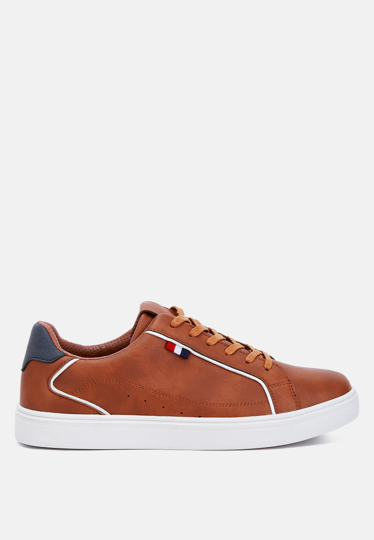 men faux leather low top lace-up sneakers#color_tan