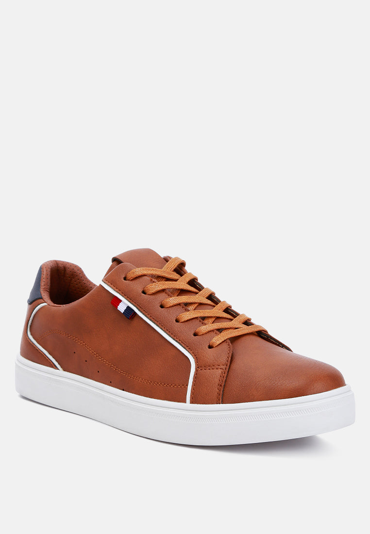 men faux leather low top lace-up sneakers#color_tan