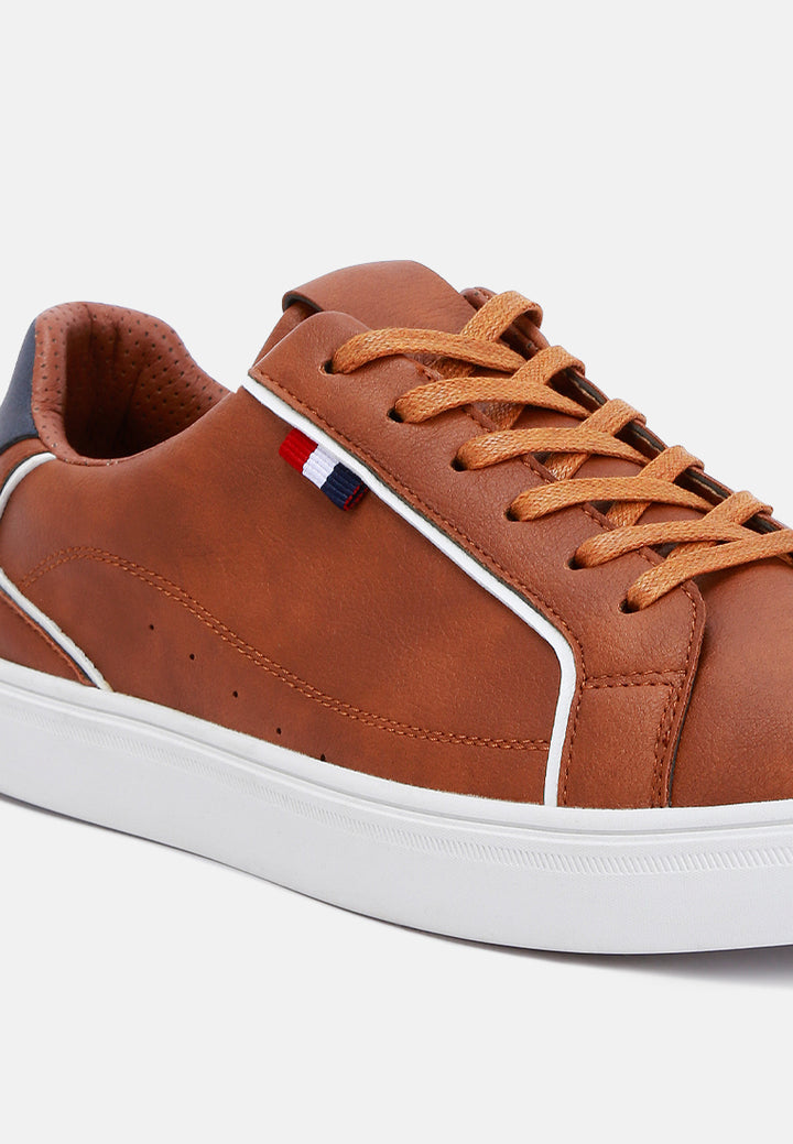 men faux leather low top lace-up sneakers#color_tan