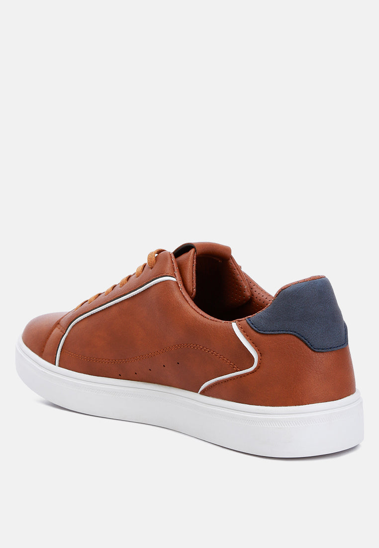 men faux leather low top lace-up sneakers#color_tan