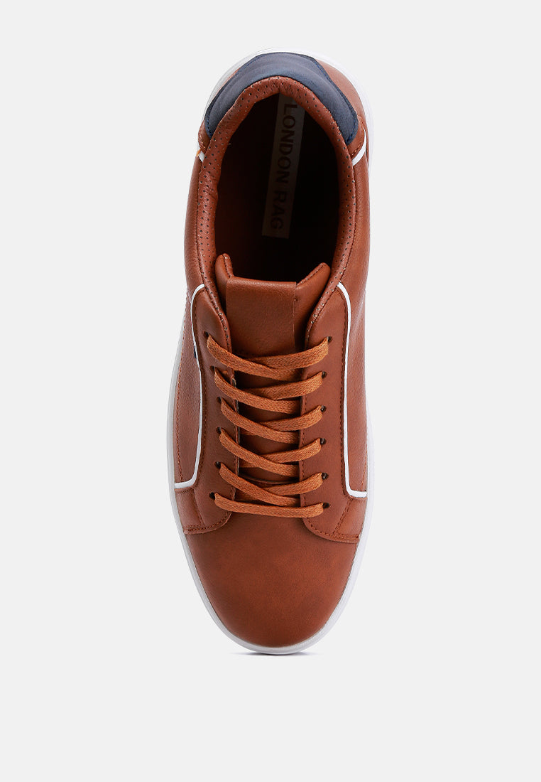 men faux leather low top lace-up sneakers#color_tan