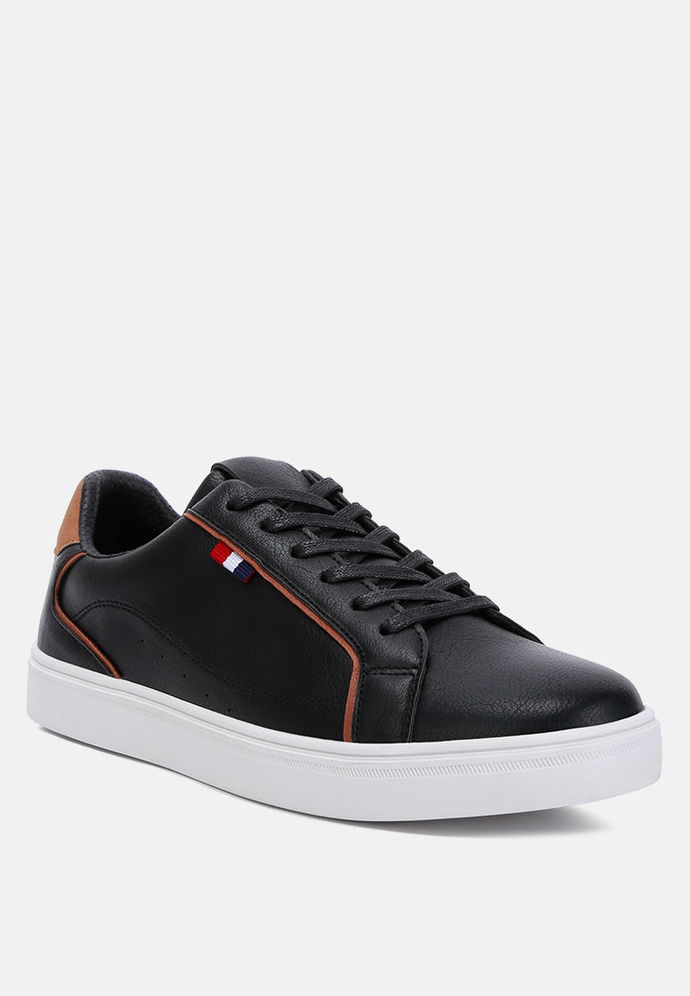men faux leather low top lace-up sneakers#color_black