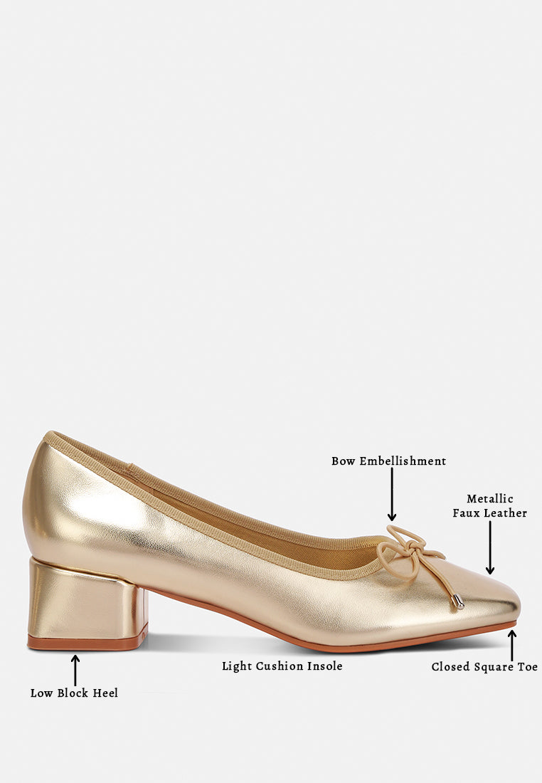 women metallic low block heel ballerinas#color_gold