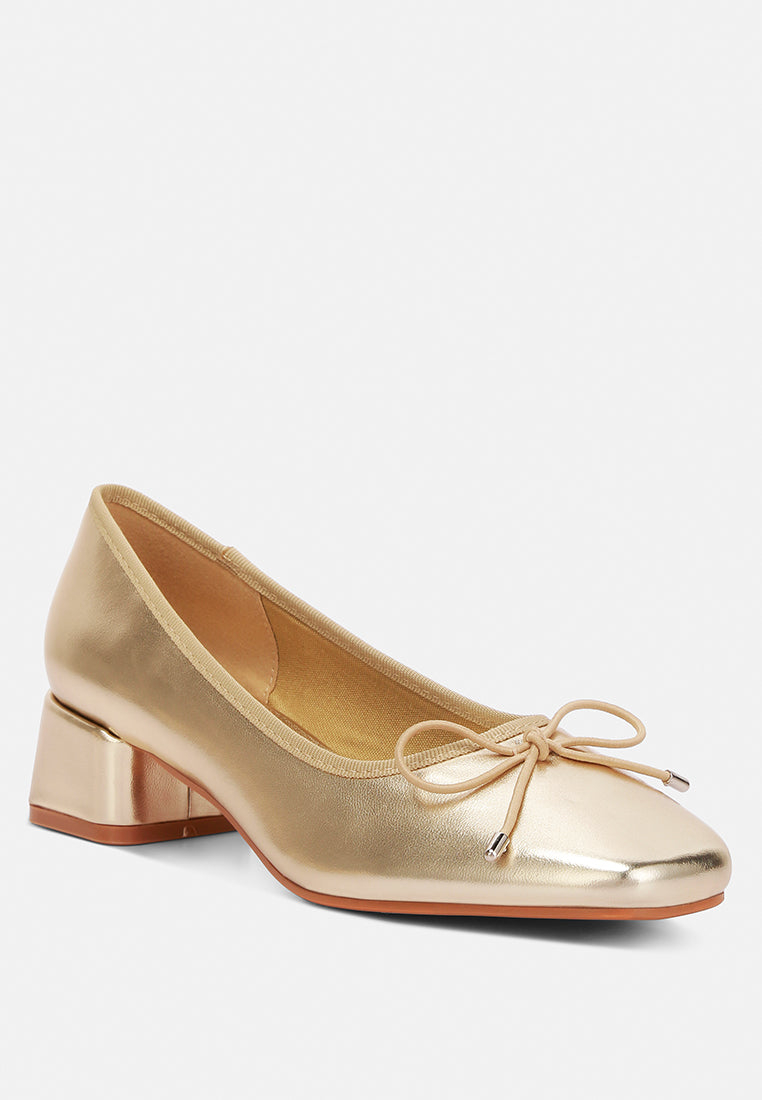 women metallic low block heel ballerinas#color_gold