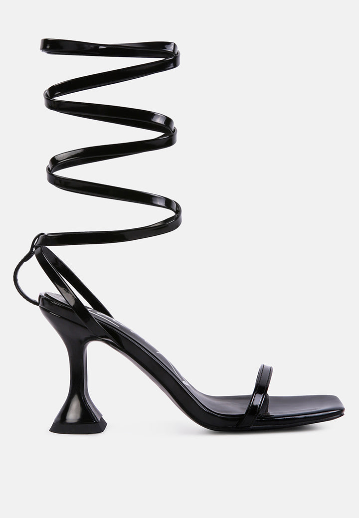 women strappy tie up spool heel sandals#color_black